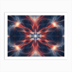 Abstract Image Of A Glowing, Symmetrical Pattern In Shades Of Red, Orange, And Blue, Resembling A Flower Or A Cosmic Nebula Art Print