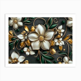 Luxury Floral Seamless with Flowers Elegant Leather Texture Illustration Golden, Green, White Art Print