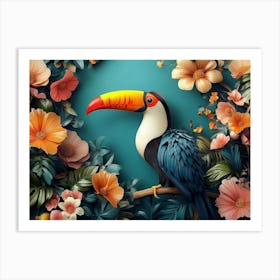 3d Render Toucans Bird, Floral Background 1 Art Print