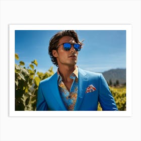 A Fashionable Businessman In A Playful Summer Setting His Sunglasses Reflecting The Mountain Filled (1) Art Print