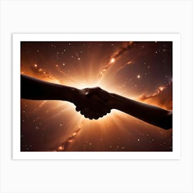 Two Hands, Silhouetted Against A Background Of A Bright, Orange And Yellow Explosion In A Starry Sky, Are Shaking Each Other Art Print