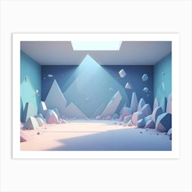 A Colorful, Geometric Abstract Image Featuring A Room With A Blue And Green Background And Scattered, 3d, Pastel Colored Geometric Shapes Art Print