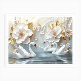 3d Swans in Water with Flowers Art Print