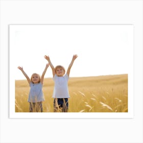 Two Children With Arms Raised In Wheat Field Joy And Freedom Art Print