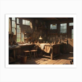 Interior Of A Cozy, Rustic Workshop With Wooden Furniture, Tools, And Papers Scattered On The Tables Art Print