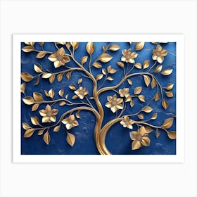 Elegant Gold and Royal Blue Floral Tree with Seamless Leaves and Flowers 1 Art Print