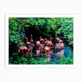 Flamingos in a Tranquil Lagoon. A serene scene of vibrant pink flamingos wading and interacting in a lush, green lagoon surrounded by dense foliage. The water reflects their elegant forms, creating a harmonious connection between nature and wildlife. 4 Art Print