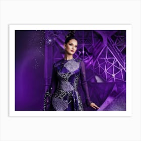 Regal Woman Enveloped In Noble Purple Hues Standing Amidst A Dreamy Geometric Pattern That Radiates Art Print