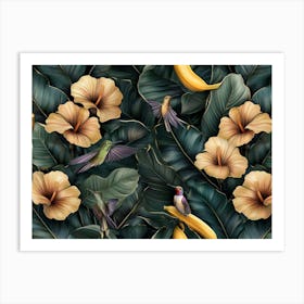 Tropical Exotic Seamless Pattern with Gold Hibiscus, Hummingbirds, Protea Flowers, Vintage Banana Leaves, Palm Leaves Art Print