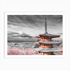 Mount Fuji With Pagoda In Colorkey At Cherry Blossom Season Art Print