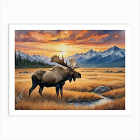 The Heart of the Grasslands Moose At Sunset Art Print