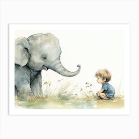 Curious Boy With Baby Elephant Art Print