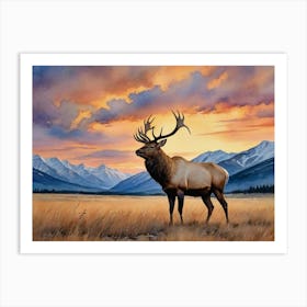 Elk At Sunset Golden Waves of the Grasslands Art Print