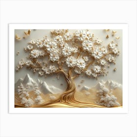 3d Art Golden Tree with White Flowers 2 Art Print