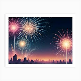 A Digital Illustration Of Fireworks Exploding In A Night Sky Above A Cityscape Silhouette Art Print