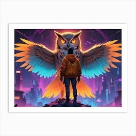 A Young Man Stands Before A Giant, Glowing Owl In A Futuristic Cityscape Setting Art Print