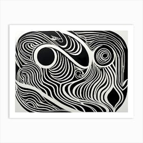 A Linocut Piece Depicting A Mysterious Abstract Shapes, black and white art, 191 Art Print