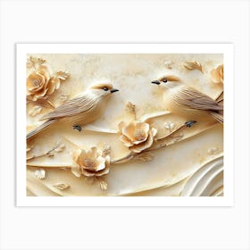 3d Sparrow Background Golden Art Print