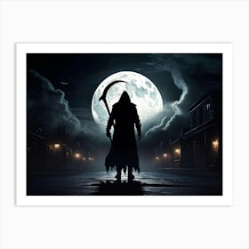 Silhouette Of A Sinister Reaper Scythe Raised Standing Against A Backdrop Of A Full Moon On Hallow (2) Art Print