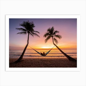 Beach At Sunset Silhouette Of A Single Person Lounging On A Hammock Strung Between Two Palm Trees Art Print