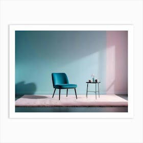 A Teal Chair And A Small Black Side Table With Two Cups And Flowers Stand On A Pink Fluffy Rug In A Room With Teal And Pink Walls Art Print