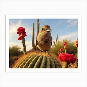 Cactus With Flowers and Bird Art Print