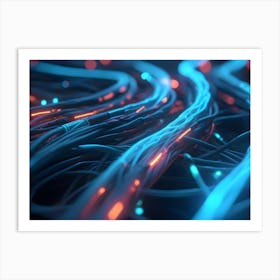 Abstract Close Up Of Glowing Blue And Orange Fiber Optic Cables, Representing Data Transmission And Technology Art Print