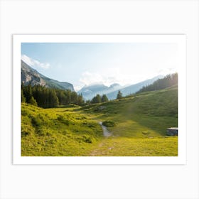 Fields of Switzerland during golden hour, hiking in swiss Art Print