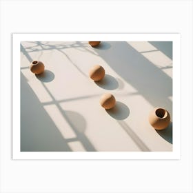 Minimalist Still Life Of Spherical Vases And Spheres Casting Long Shadows On A Beige Surface Under Sunlight Art Print