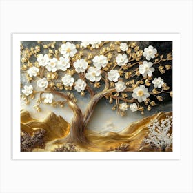 3d Golden Tree with White Flowers 1 Art Print