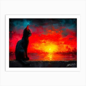 Cat Looking At Sunset - Cat Sun Set Art Print