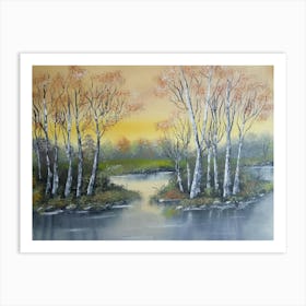 Birch Trees At Sunset Landscape Painting Nature Art Print