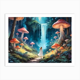 Woman Walking Through A Mystical Forest With Glowing Mushrooms And A Waterfall 4 Art Print