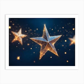 Abstract Image Of A Golden Star With A Textured, Sparkling Surface Floating Against A Dark Blue Background Art Print