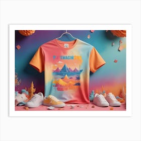 Photo Of A T Shirt With A Graphic Design Of Mountains And A Sunset With A Colorful, Abstract Design Art Print