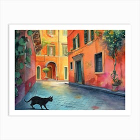 Black Cat In Rome, Italy, Street Art Watercolour Painting 8 Art Print