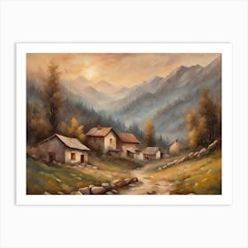 Village In The Mountains oil painting style landscape format Art Print