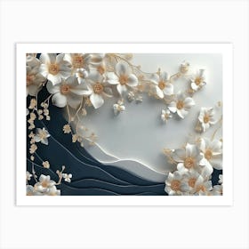 3d Artwork Illustration With A White And Blue Background Adorned With Golden Jewelry And Flowers 1 Art Print