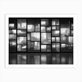 Wall Sized Screen With A Grid Of Images Depicting Various Landscapes, Cityscapes, And Abstract Scenes In Shades Of Gray And White, Resembling A Futuristic Or Sci Fi Cityscape Art Print