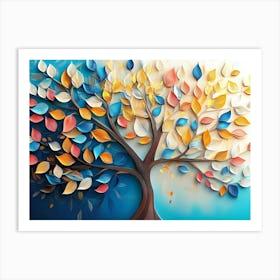 Colorful Tree With Leaves On Hanging Branches Of Blue, White And Golden 7 Art Print