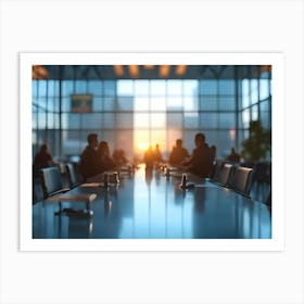 Blurred Silhouettes Of Businesspeople Sitting Around A Large Conference Table During Sunset, With Warm Light Streaming Through The Windows Art Print