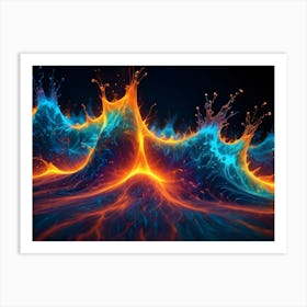 An Abstract Image Of A Fiery, Swirling Landscape With Blue And Orange Colors, Resembling A Cosmic Nebula Or A Liquid Explosion Art Print