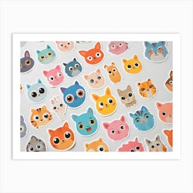 An Image Of A Collection Of Cute, Colorful Cartoon Cat Faces Arranged In A Random Pattern On A White Background Art Print