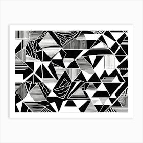 Retro Inspired Linocut Abstract Shapes Black And White Colors art, 213 Art Print