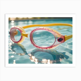 A Close Up Shot Of Pink And Yellow Swimming Goggles Floating In A Pool Of Water Art Print