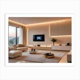 A Modern Living Room Interior With A White Sofa, A Coffee Table, A Tv, And Accent Lighting, Creating A Minimalist And Sophisticated Design Art Print