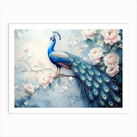 3d Artwork Background Blue Peacock on Branch 2 Art Print