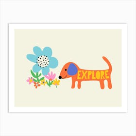 Playful Meadow Explore Dachshund Dog and Wild Flowers Illustration Kids Art Print