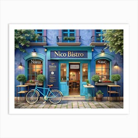 Cozy Blue Bistro With Bike And Flowers Art Print