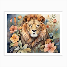 Lion Flowers Painting Art Print